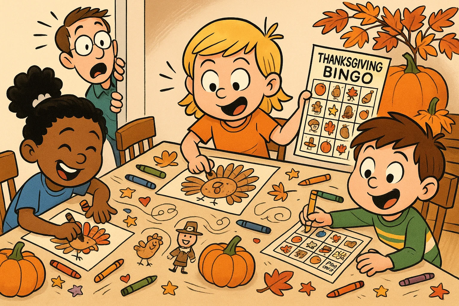  Thanksgiving kids table activities cartoon showing coloring pages, games and fun crafts.