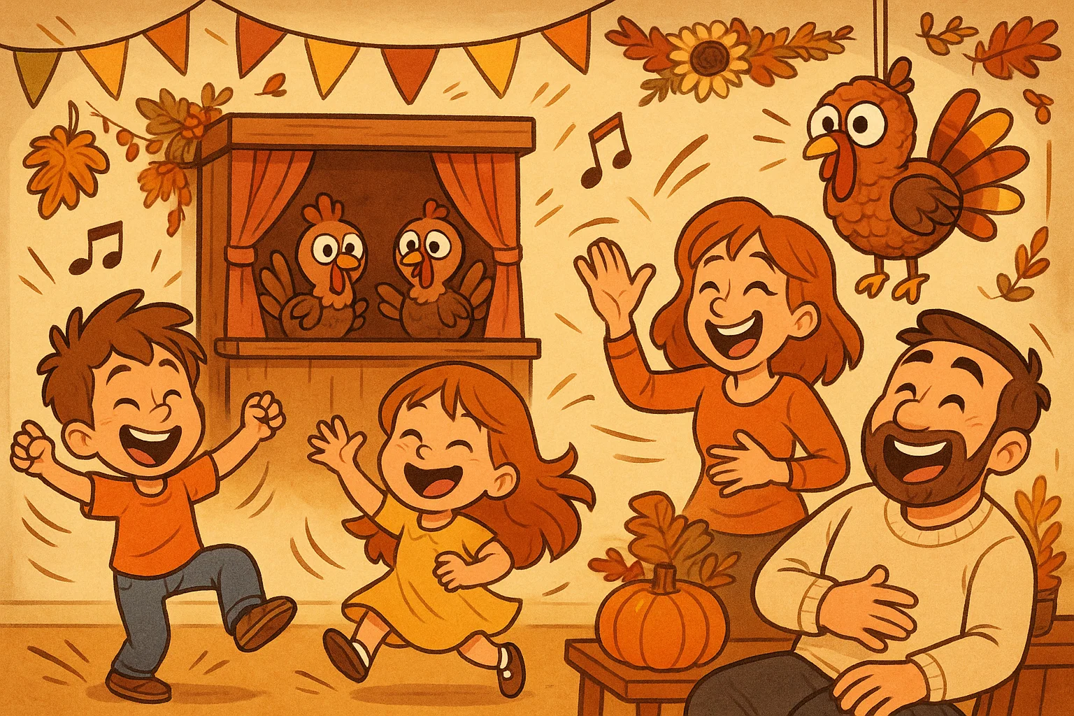 Thanksgiving party ideas for families cartoon with dancing, crafts and fun turkey décor.