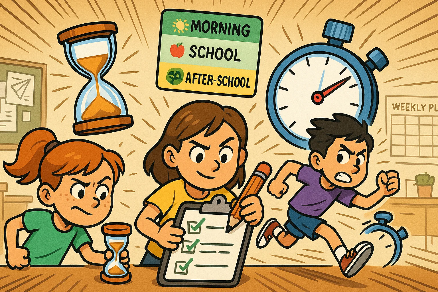 Time management skills for kids activities with timers, checklists, and task planning.
