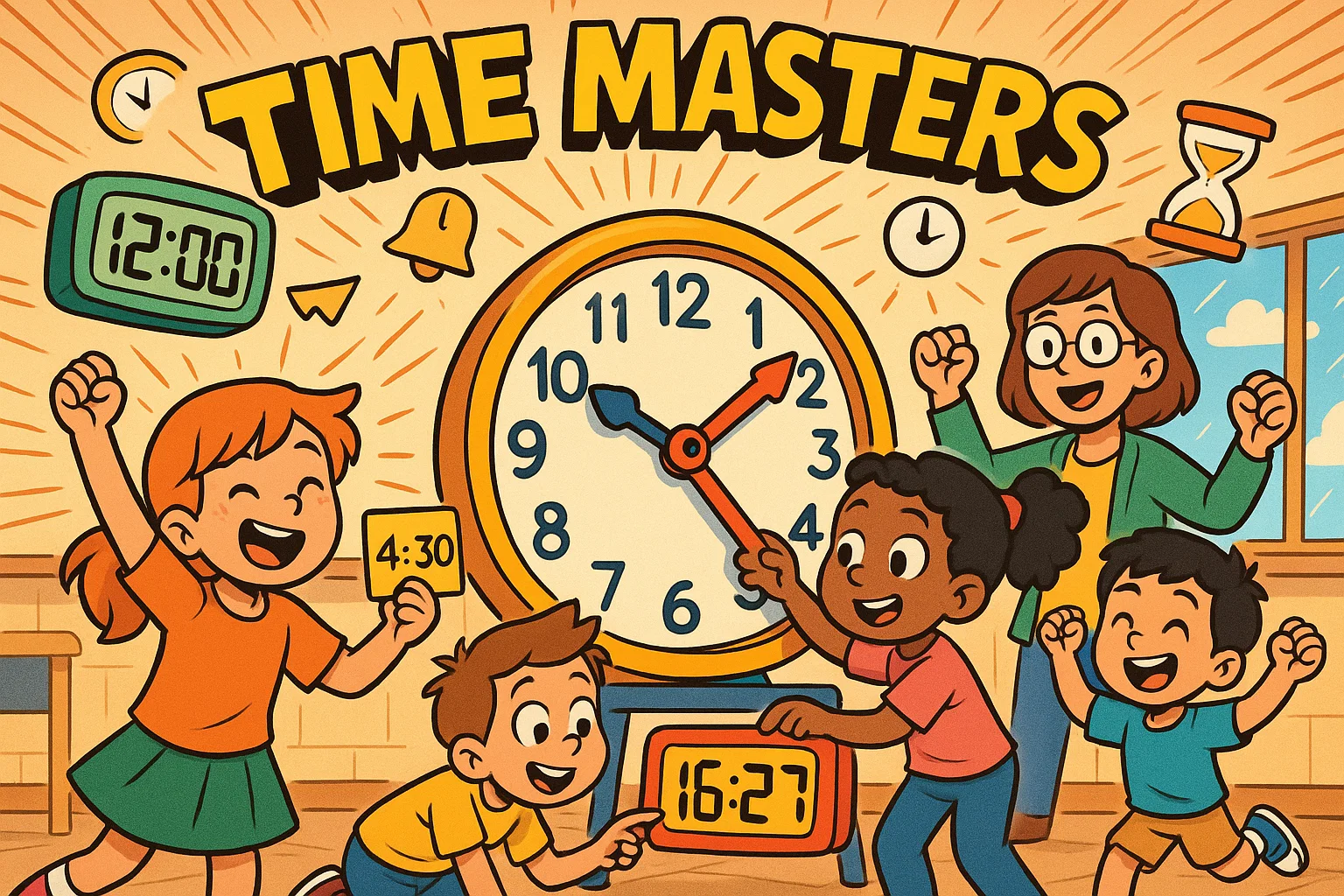 Time masters activities for kids cartoon scene with children learning time through games.