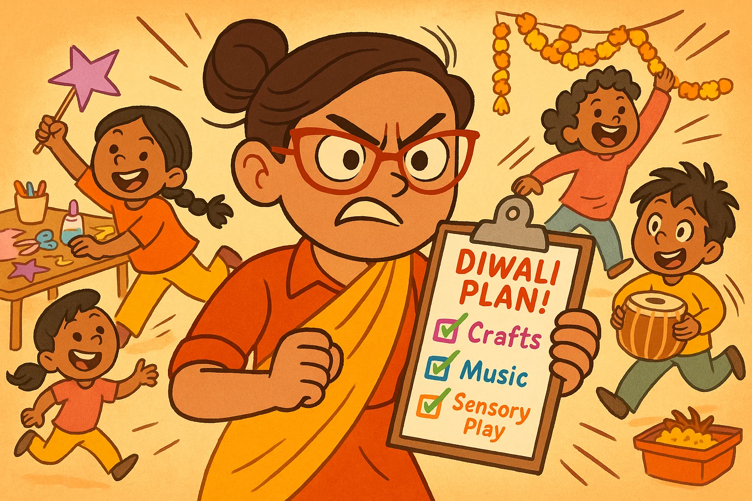 Teacher shares tips for coordinating diwali activities as kids set up playful festive stations.
