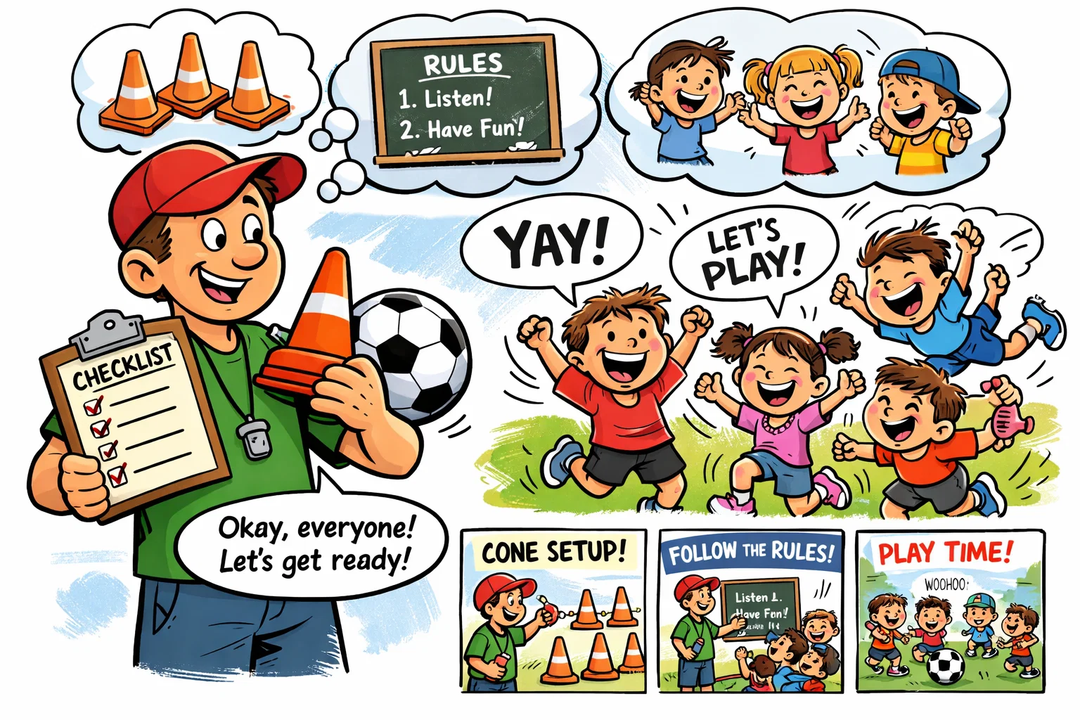 Tips for organizing football activities with cones rules and happy kids.
