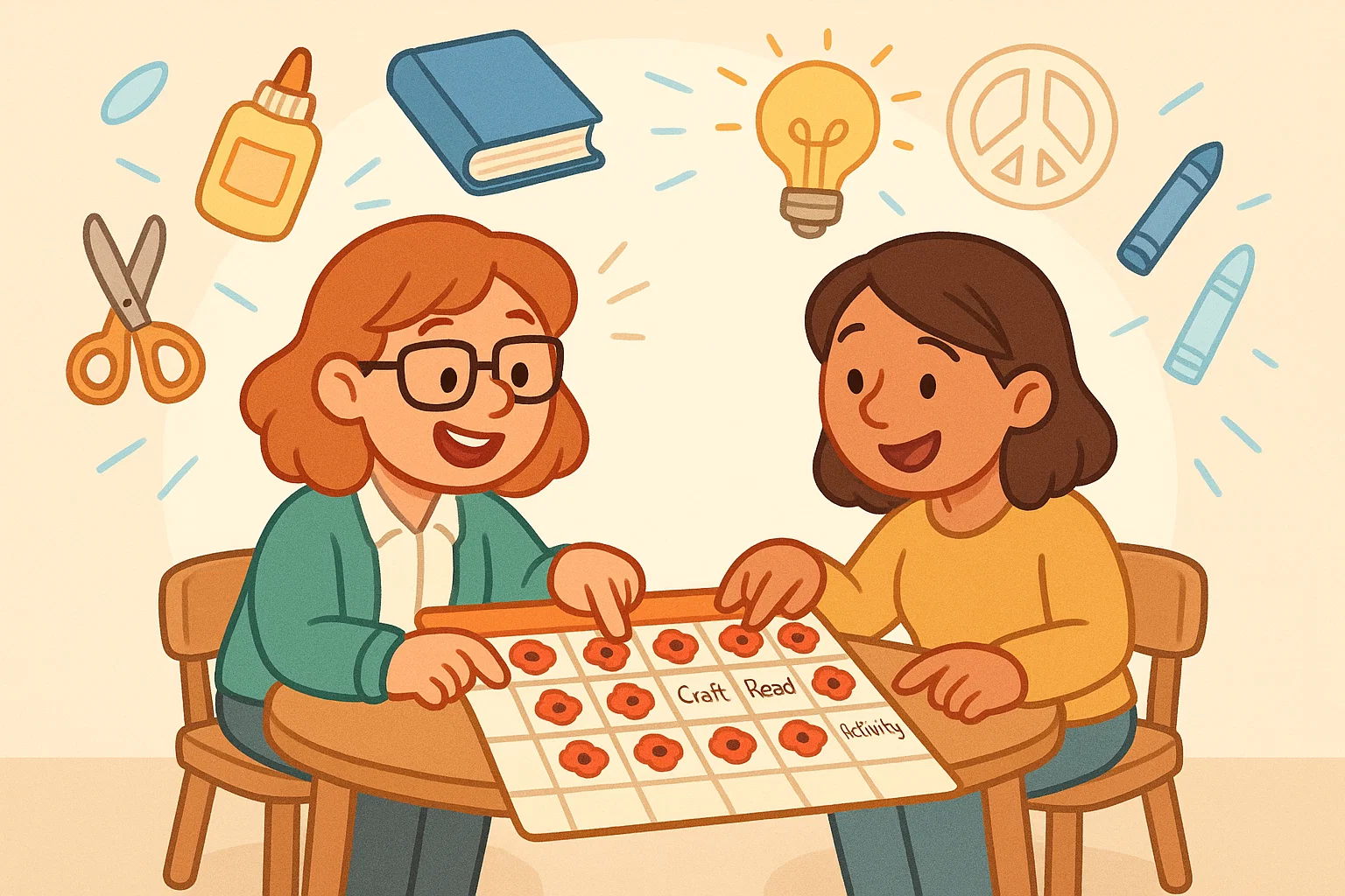 Teacher and parent discussing Remembrance Day planning with activity calendars.