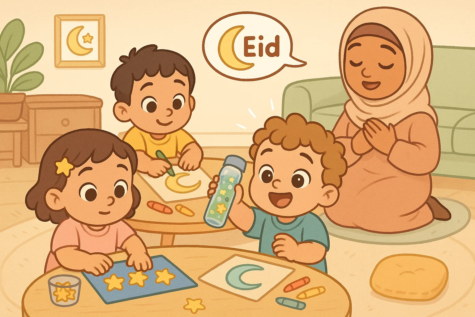 Toddler preschool Eid activities with young children doing simple crafts and sensory play.
