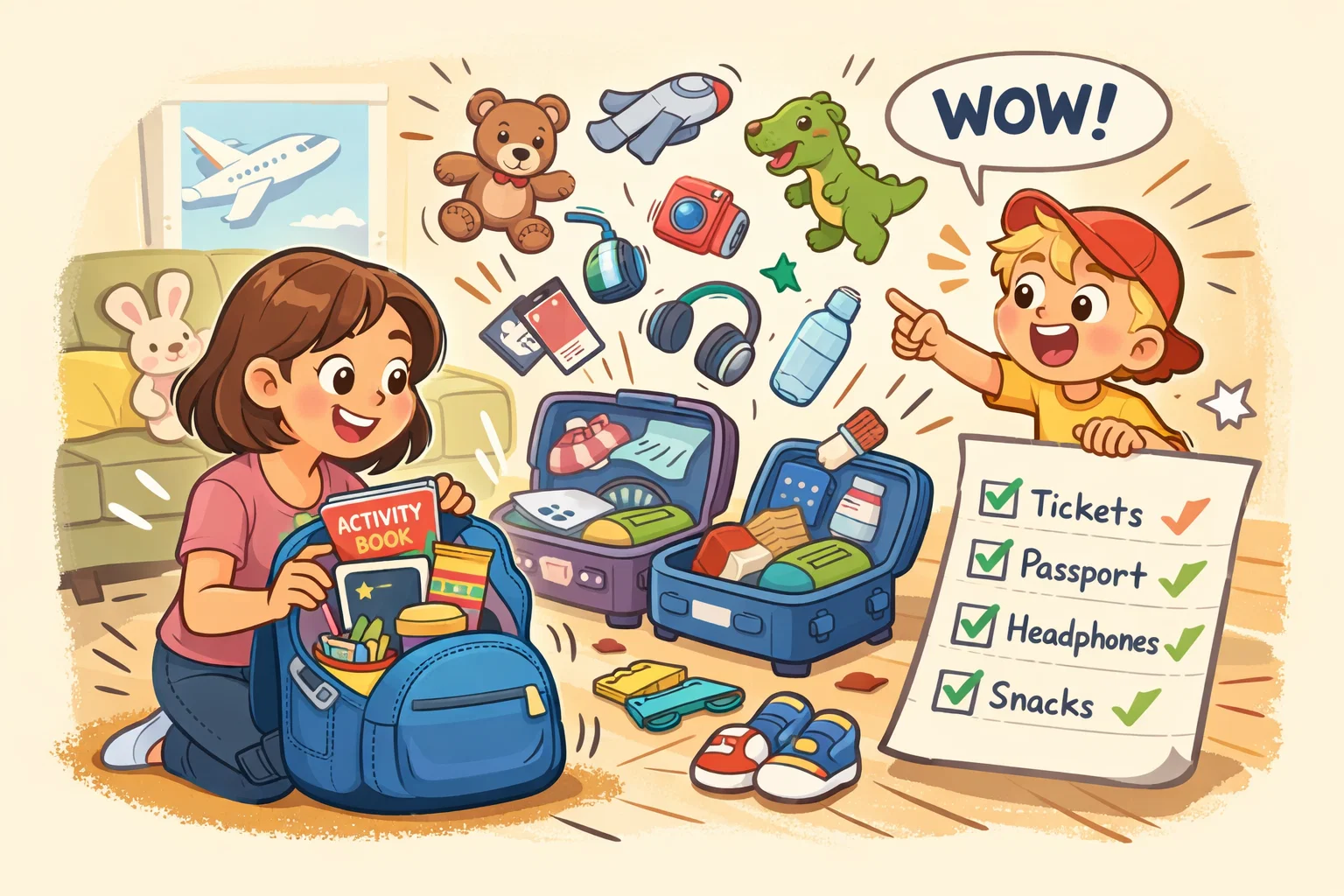 Travel preparation with airplane activities for kids packed neatly before flying.