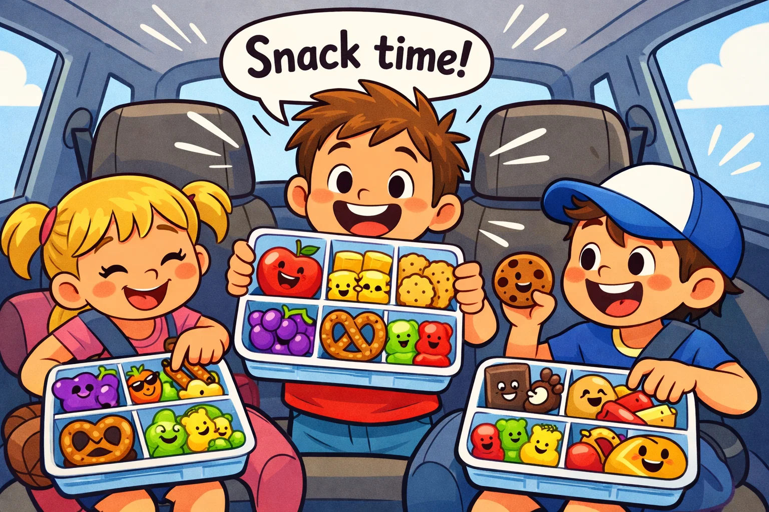 Travel snack activities for kids using snack boxes during car rides.
