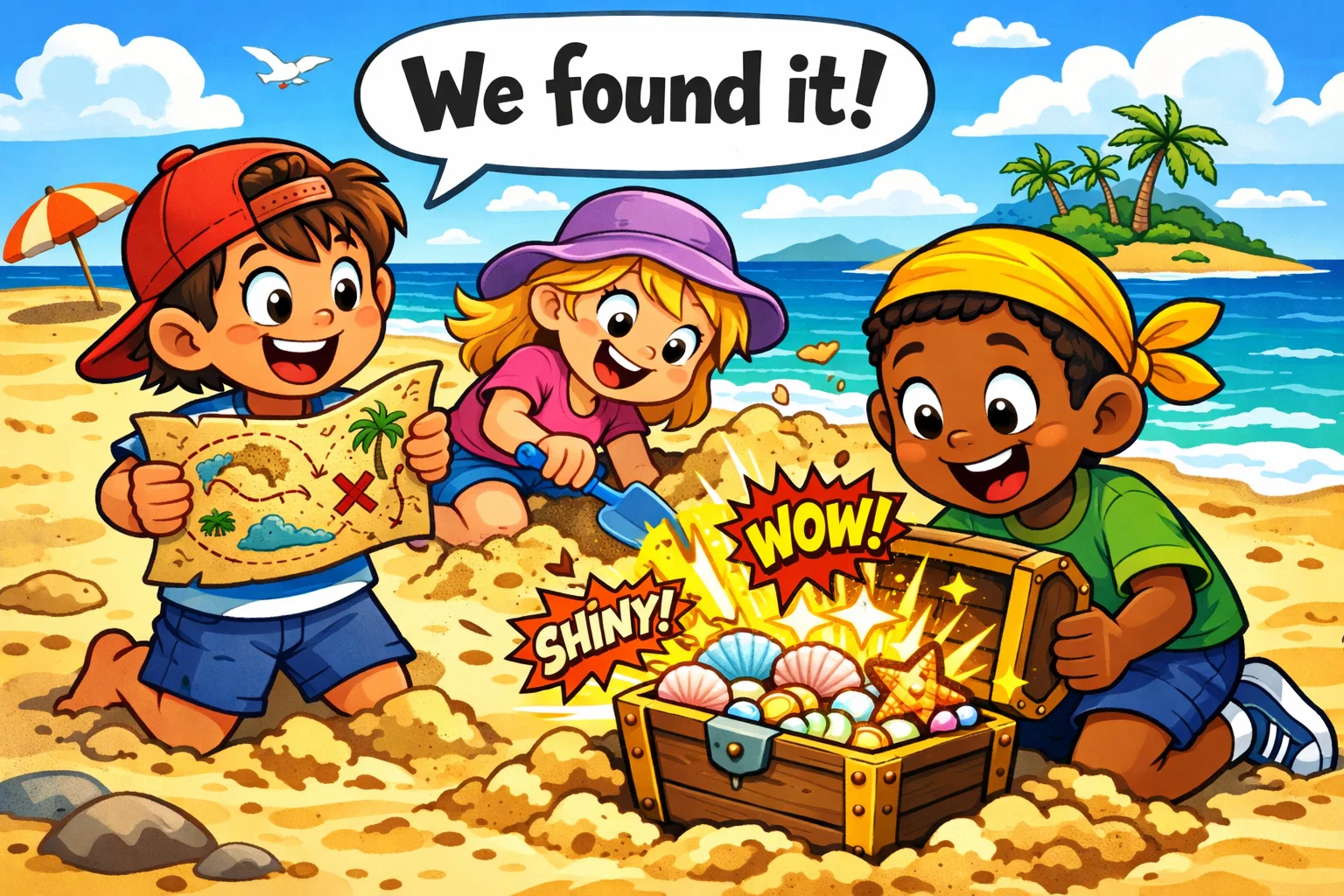 Treasure hunts and search games on beach with kids digging sand and finding clues.
