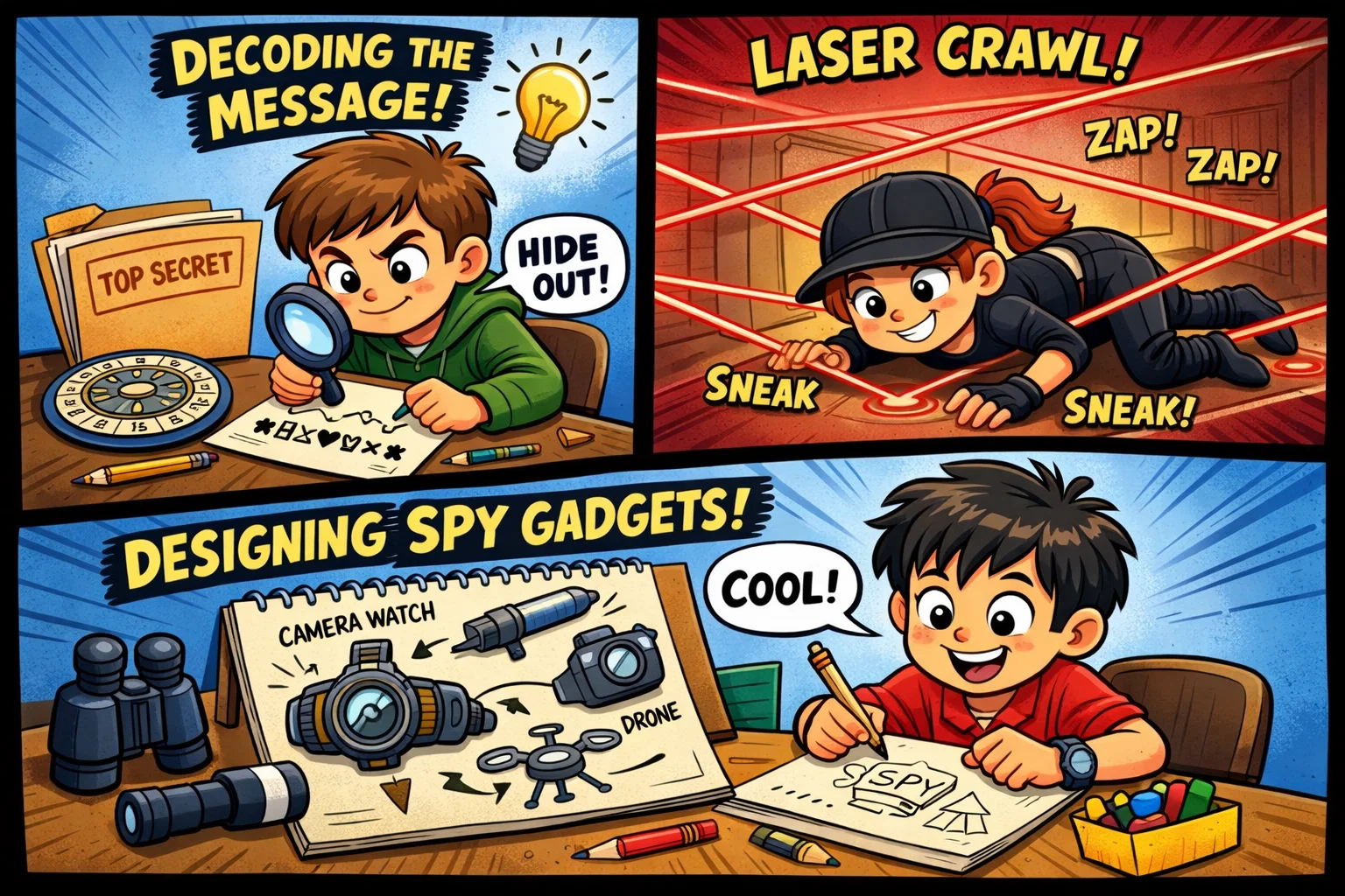Types of spy activities for kids shown through creative games and secret missions.