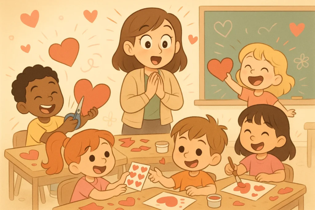 Cartoon valentines day activities for kids making heart crafts and learning together.