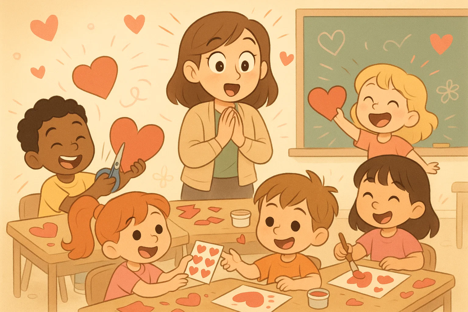 Cartoon valentines day activities for kids making heart crafts and learning together.