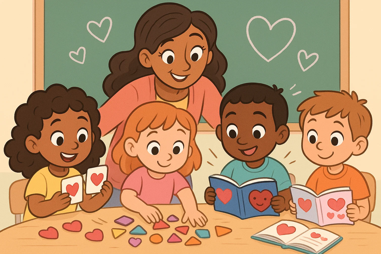 Cartoon valentines day learning activities with kids using matching cards and books.