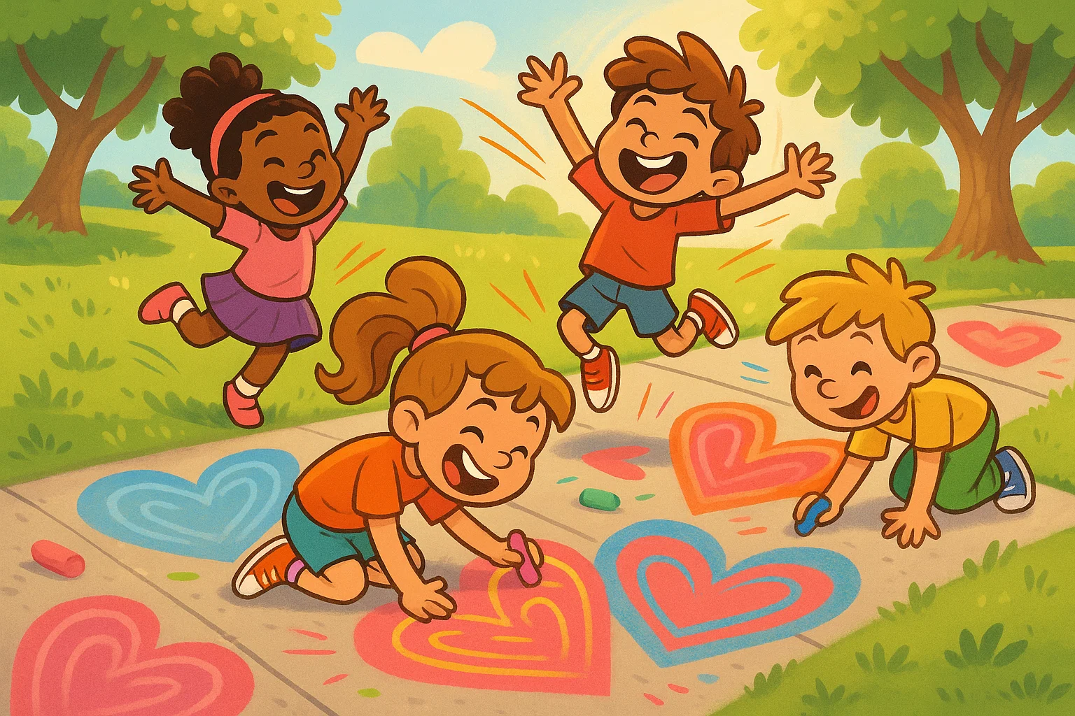 Cartoon valentines day outdoor activities kids drawing heart murals on the sidewalk.