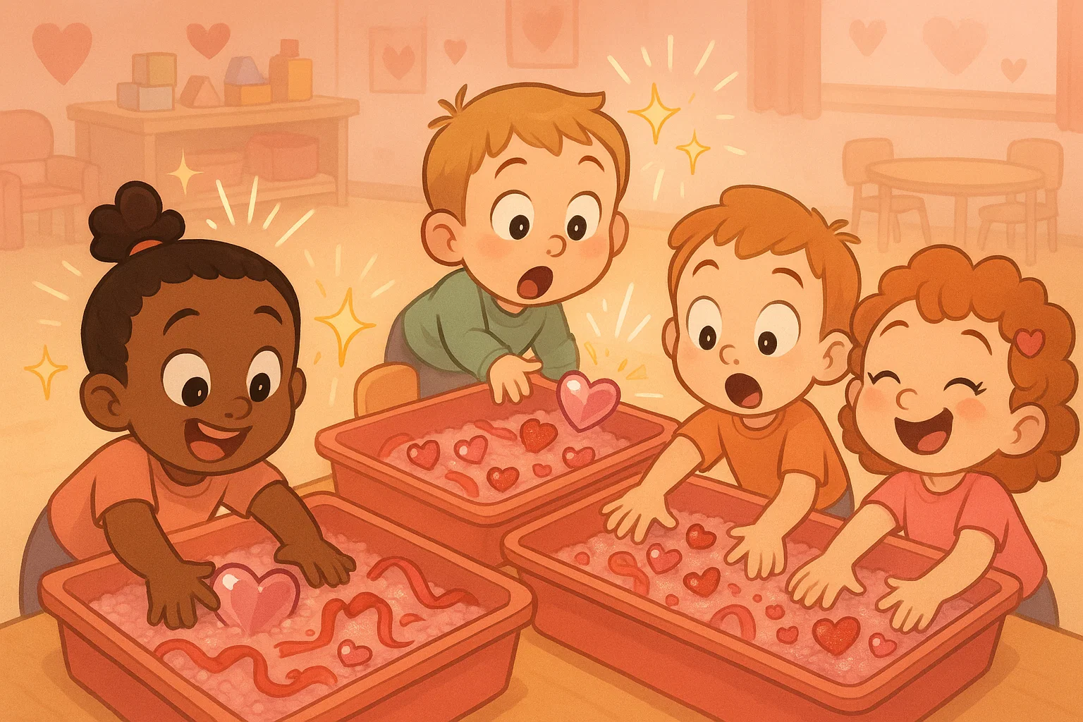 Cartoon valentines day sensory play ideas with toddlers exploring themed sensory bins.