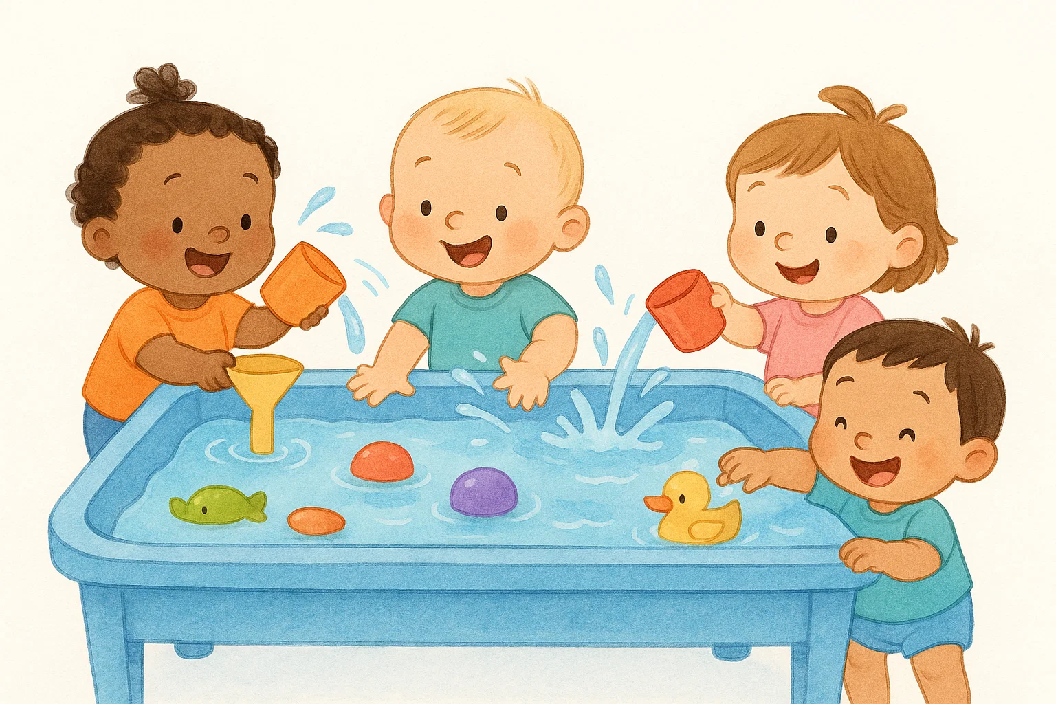 Water play activities for toddlers with cartoon pouring, scooping and playful water fun.