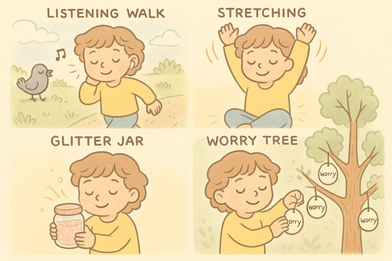  Kids using stress relief activities to deal with stress in a gentle, calming cartoon scene.
