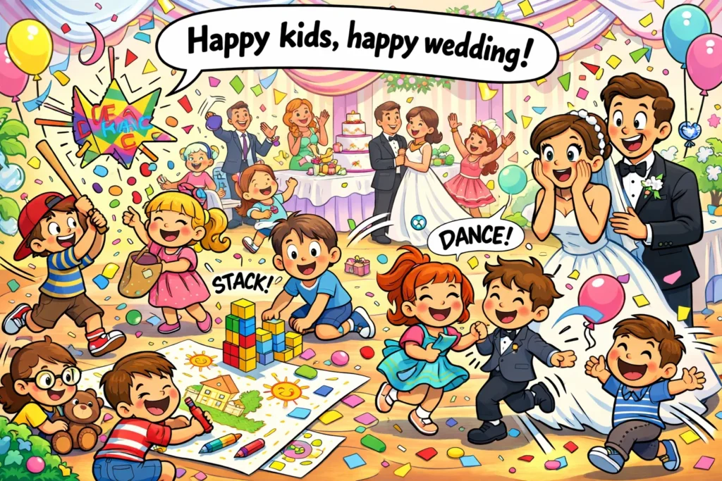 Wedding activities for kids enjoying games and creative play at a family friendly wedding.