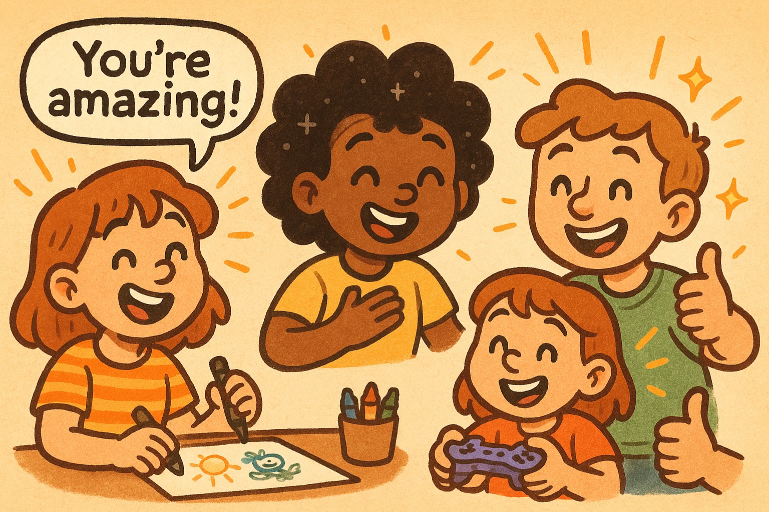  Friends doing wellbeing activities together in a cheerful and supportive cartoon scene.
