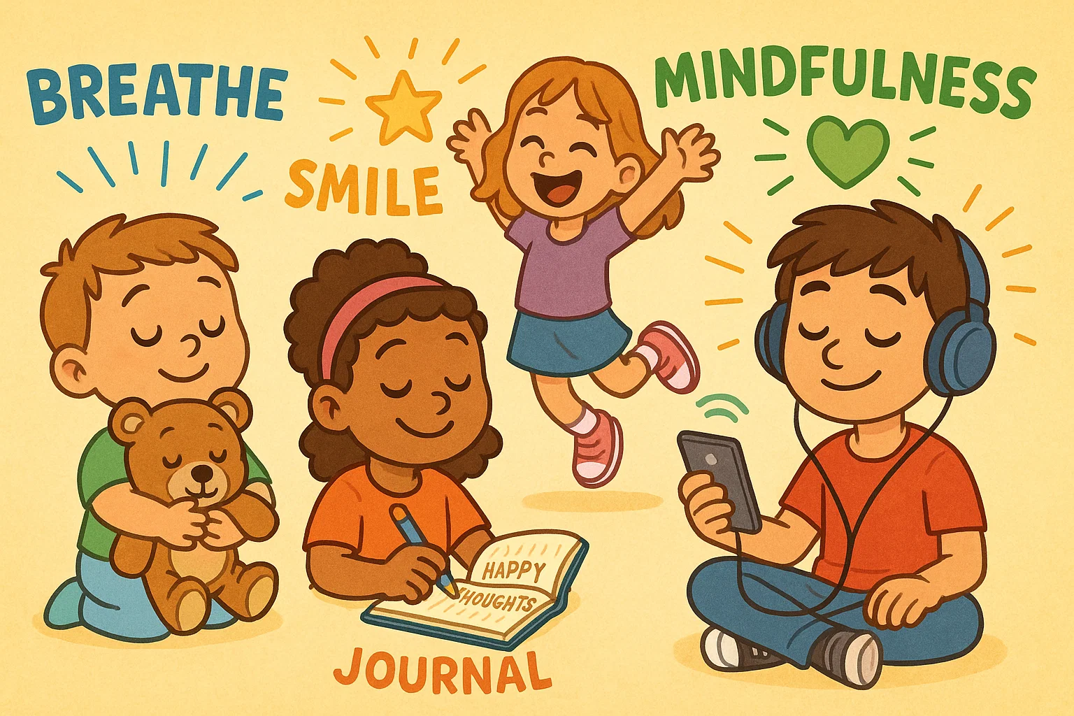 Kids doing wellbeing activities emotional health practices in a playful cartoon scene.