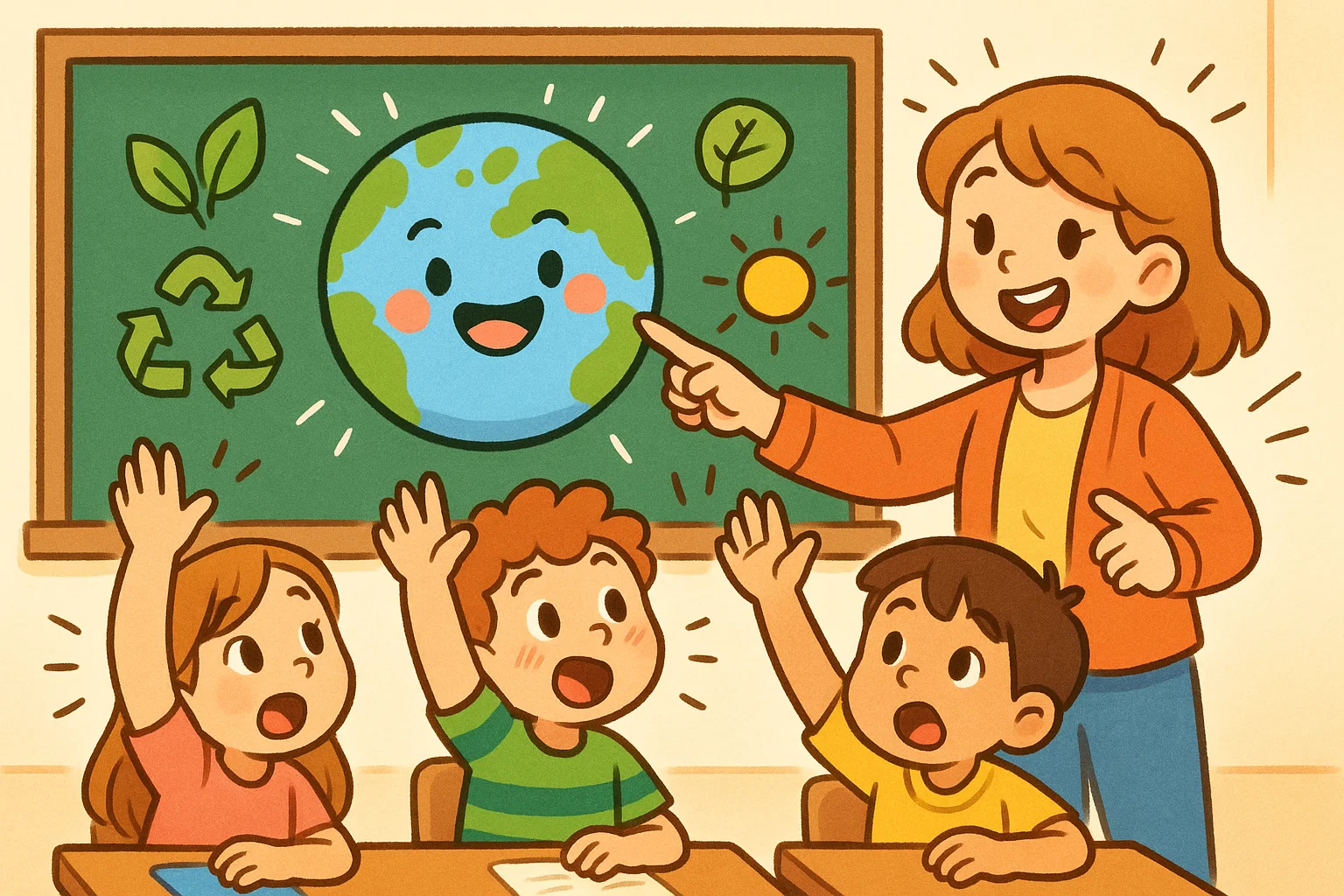 What is Earth Day classroom cartoon with children learning about the planet.