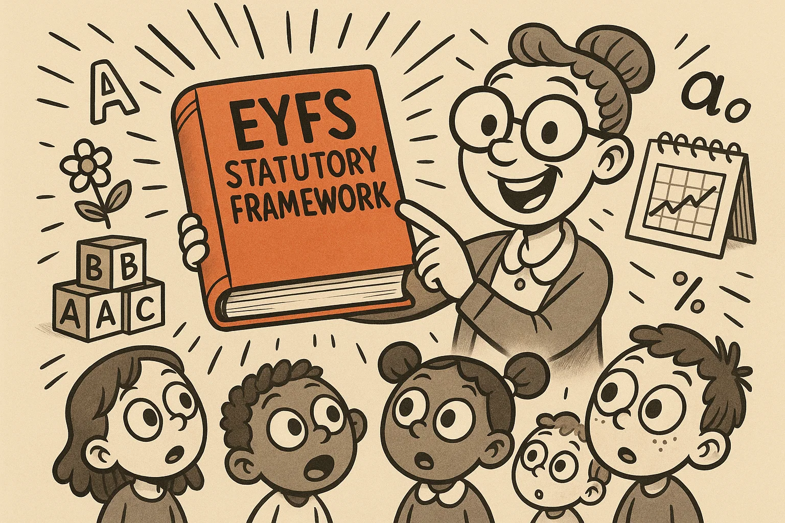 Cartoon teacher explaining the EYFS statutory framework with a large book.
