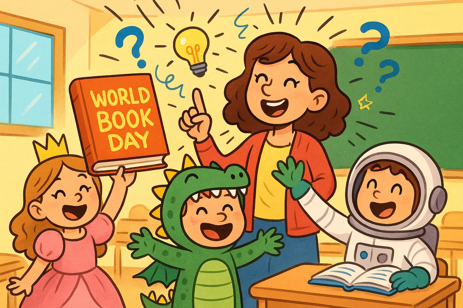  Cartoon classroom explaining what World Book Day is with excited children in costumes.