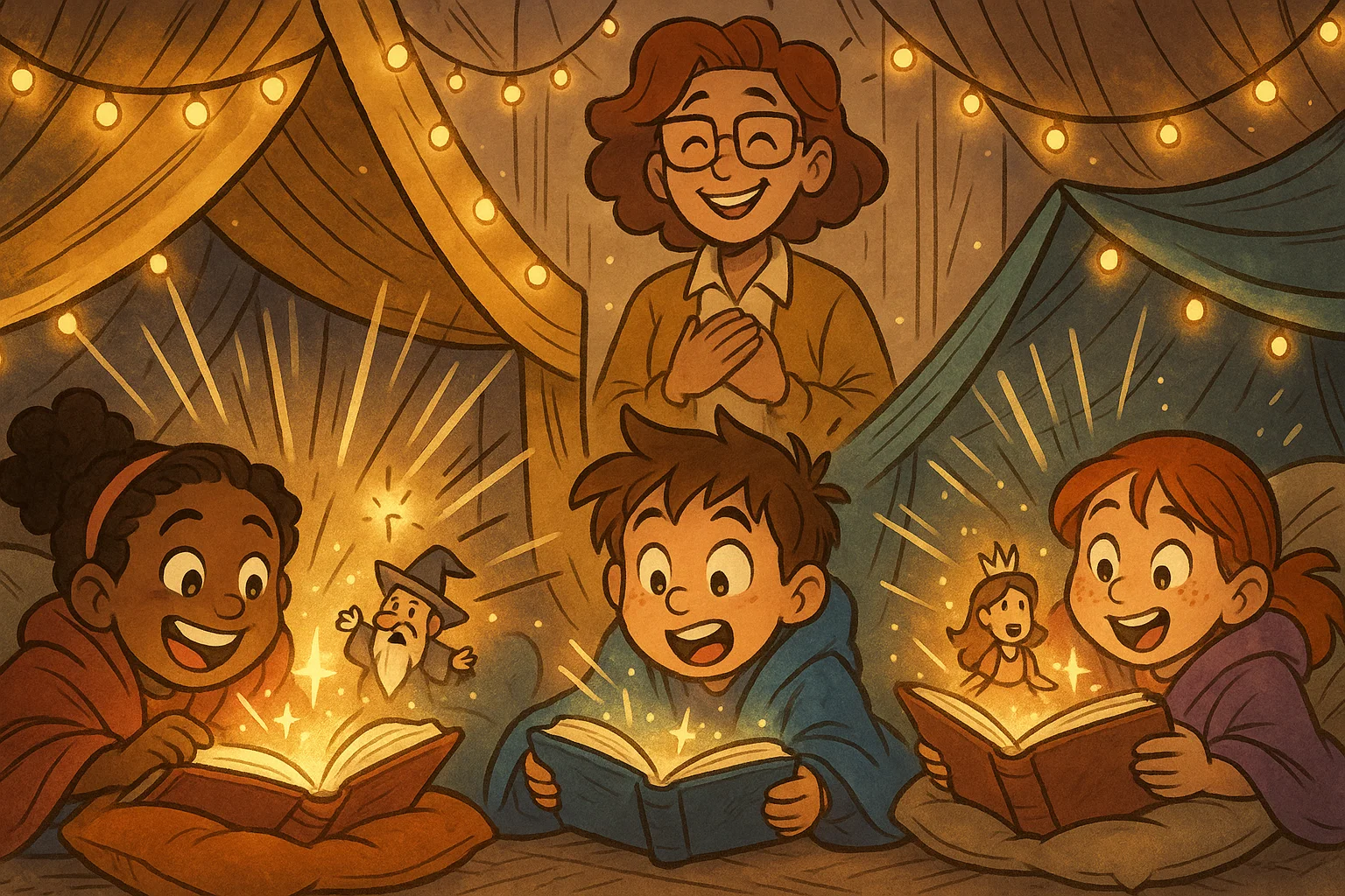 Joyful cartoon showing why we celebrate World Book Day with kids enjoying magical books.