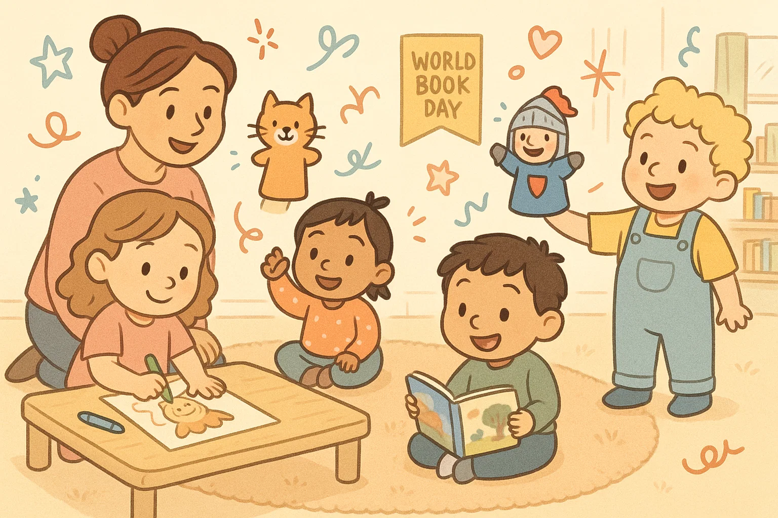 EYFS cartoon with toddlers doing World Book Day activities like crafts and picture book play.