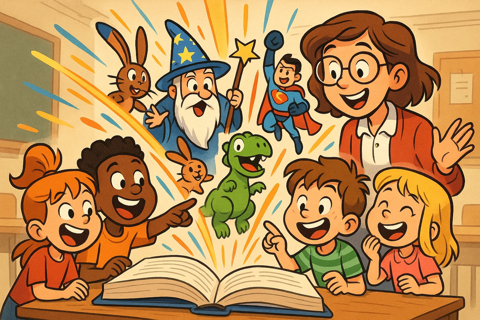 Playful World Book Day activities for kids cartoon with children exploring imaginative books.