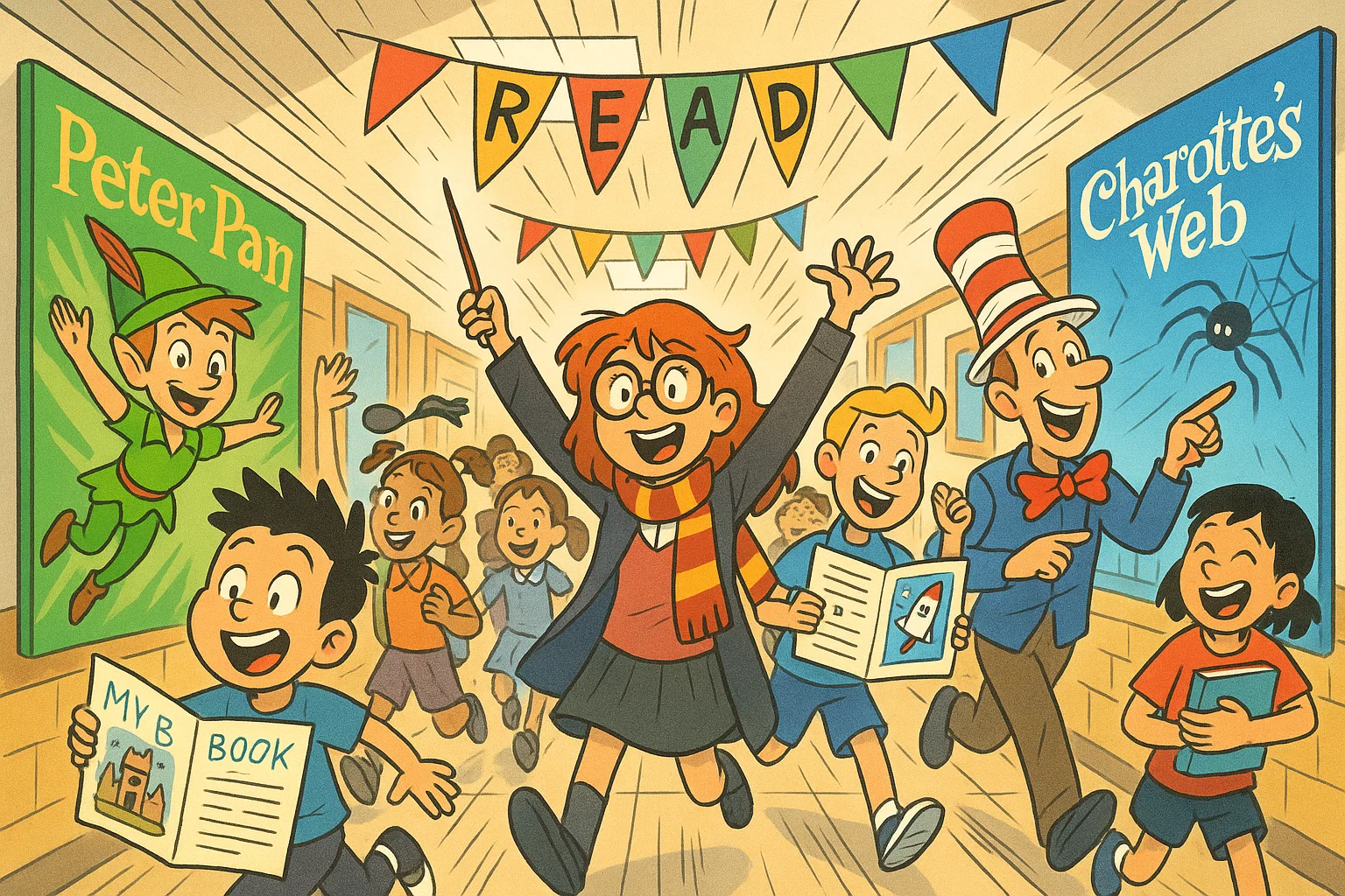 Colourful cartoon of World Book Day ideas for schools with students exploring decorated halls.