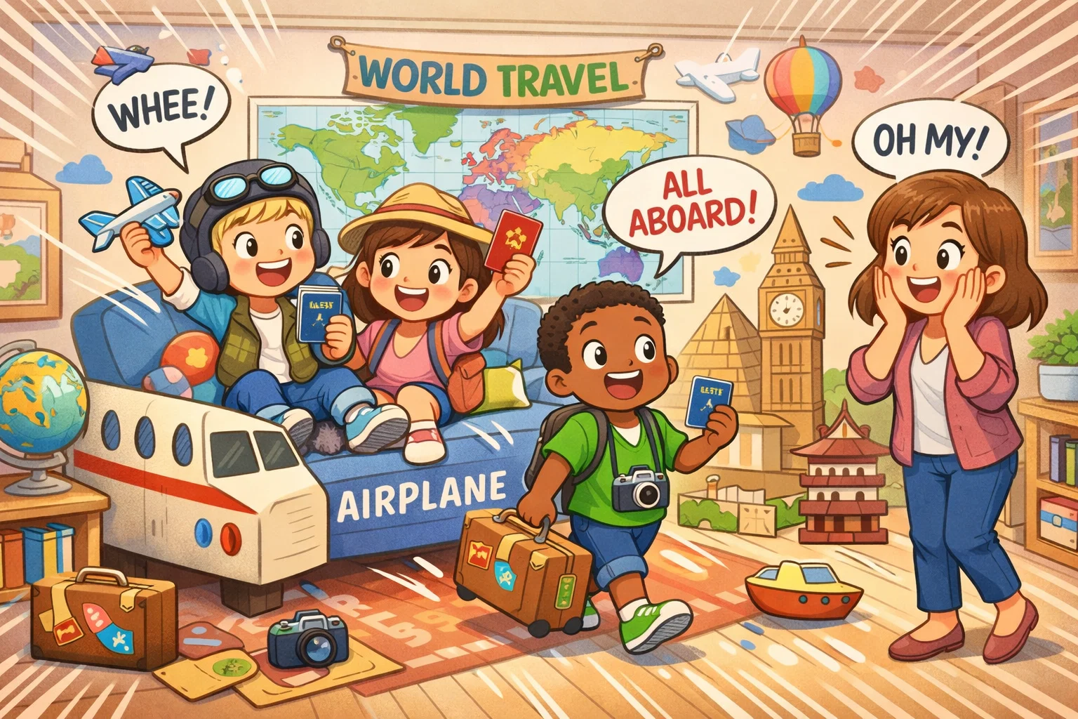 World travel activities home setup with kids exploring cultures indoors.
