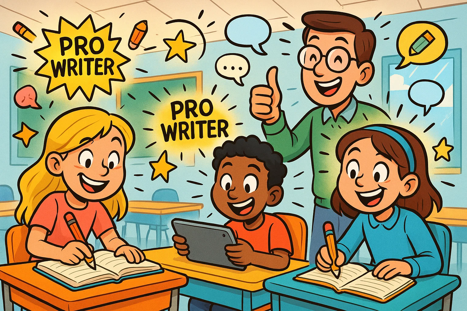 Students in write like pro program developing writing skills in a creative classroom.