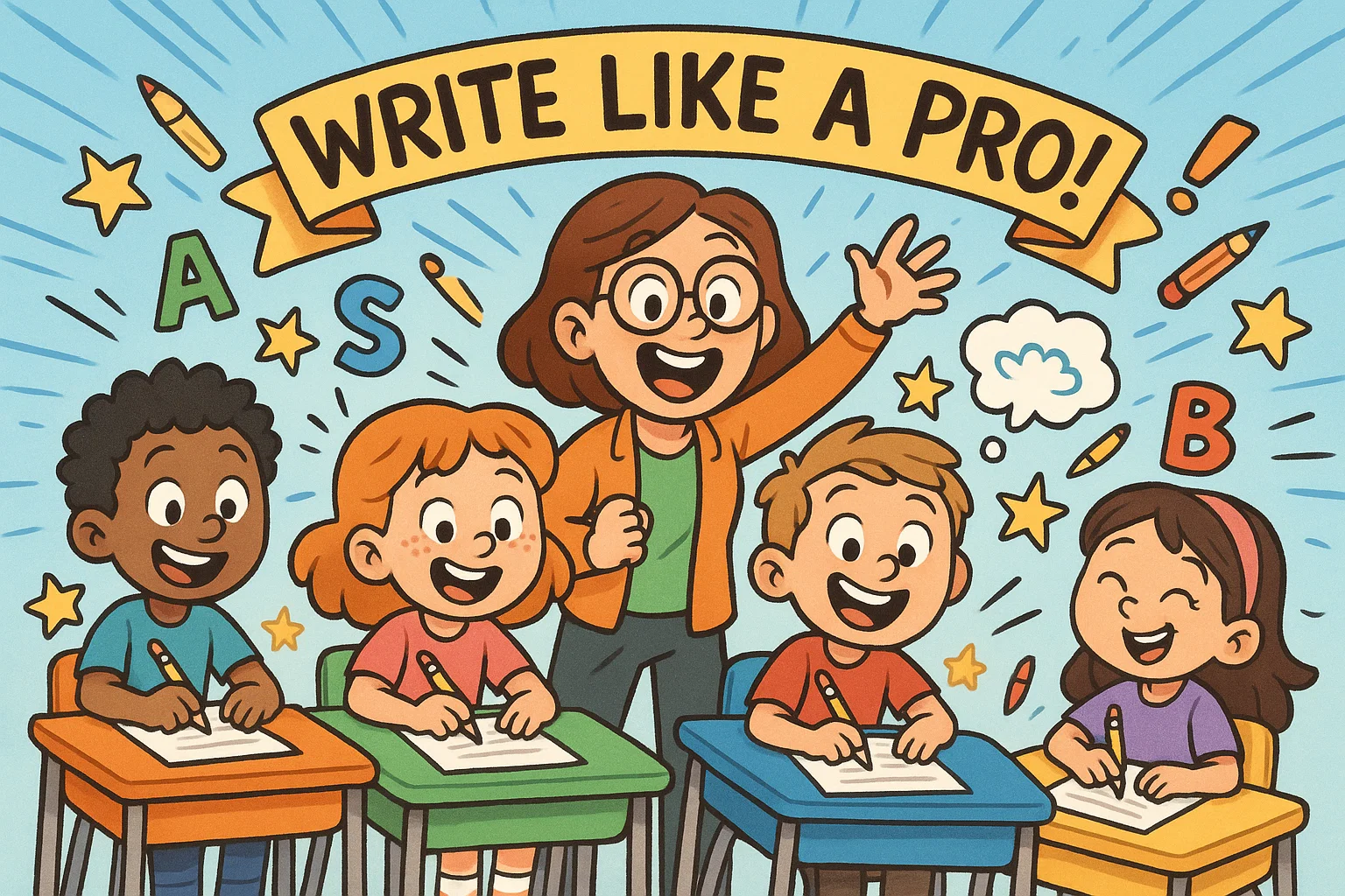 Kids enjoying write like pro writing activities in a playful cartoon classroom scene.