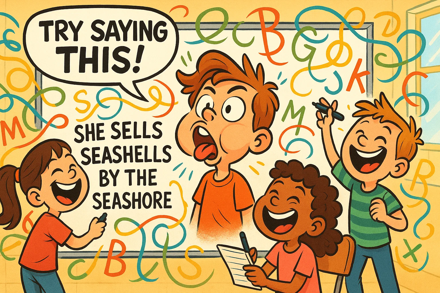 Write own tongue twisters shown with kids creating fun phrases in a cartoon scene.