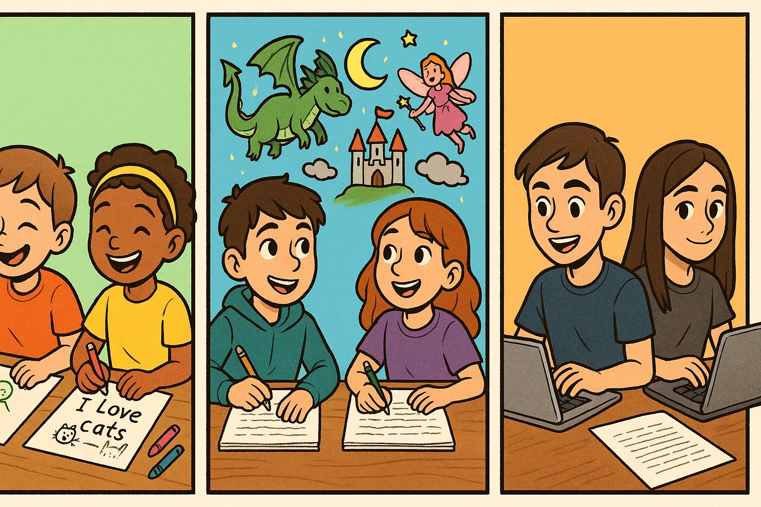 Students using writing prompts different age groups in a colorful split scene.