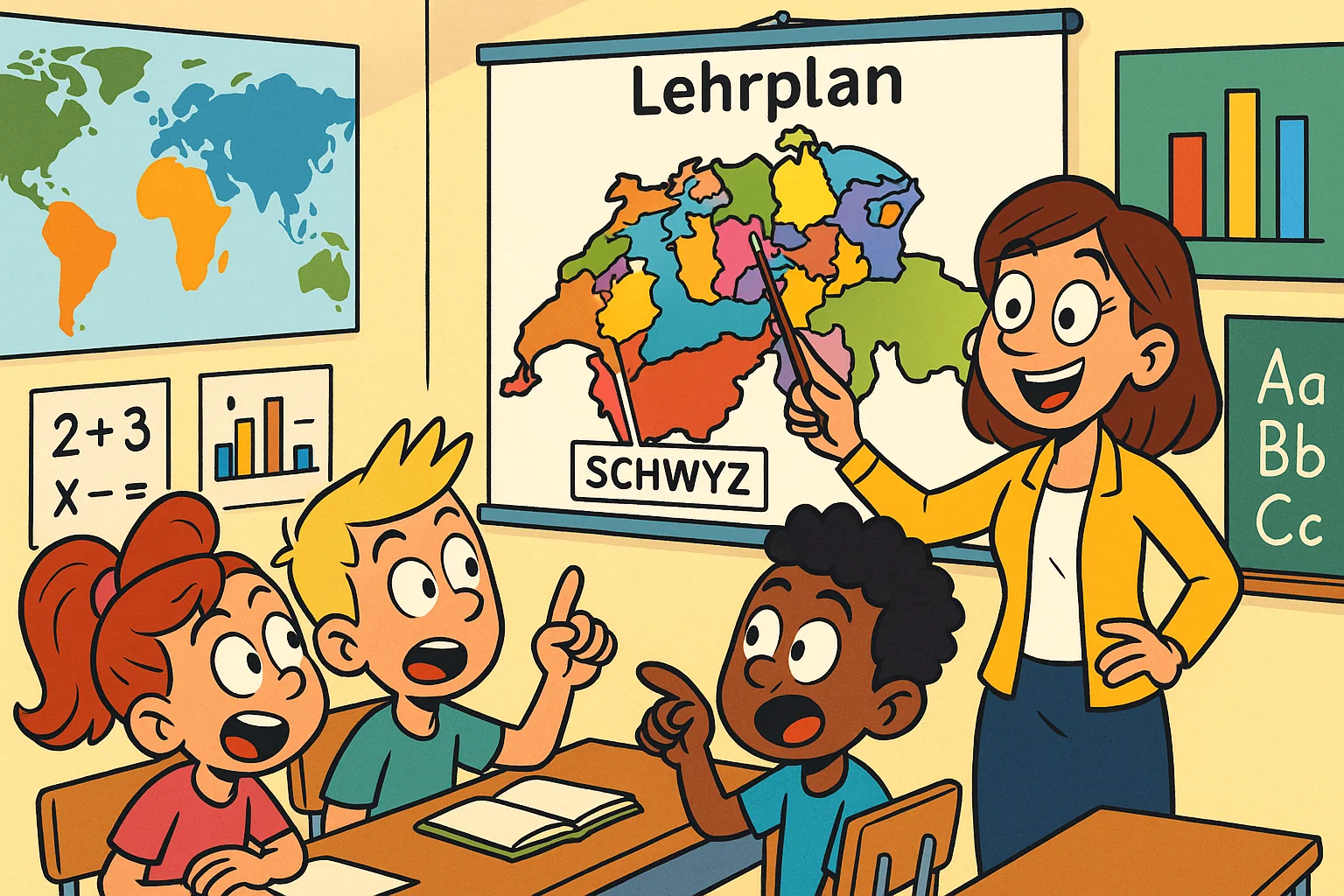Curriculum variations in Schwyz and Switzerland with teacher and students discussing.