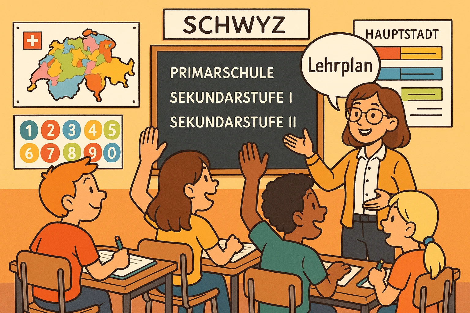 Education system in Schwyz canton with students learning in a lively classroom.