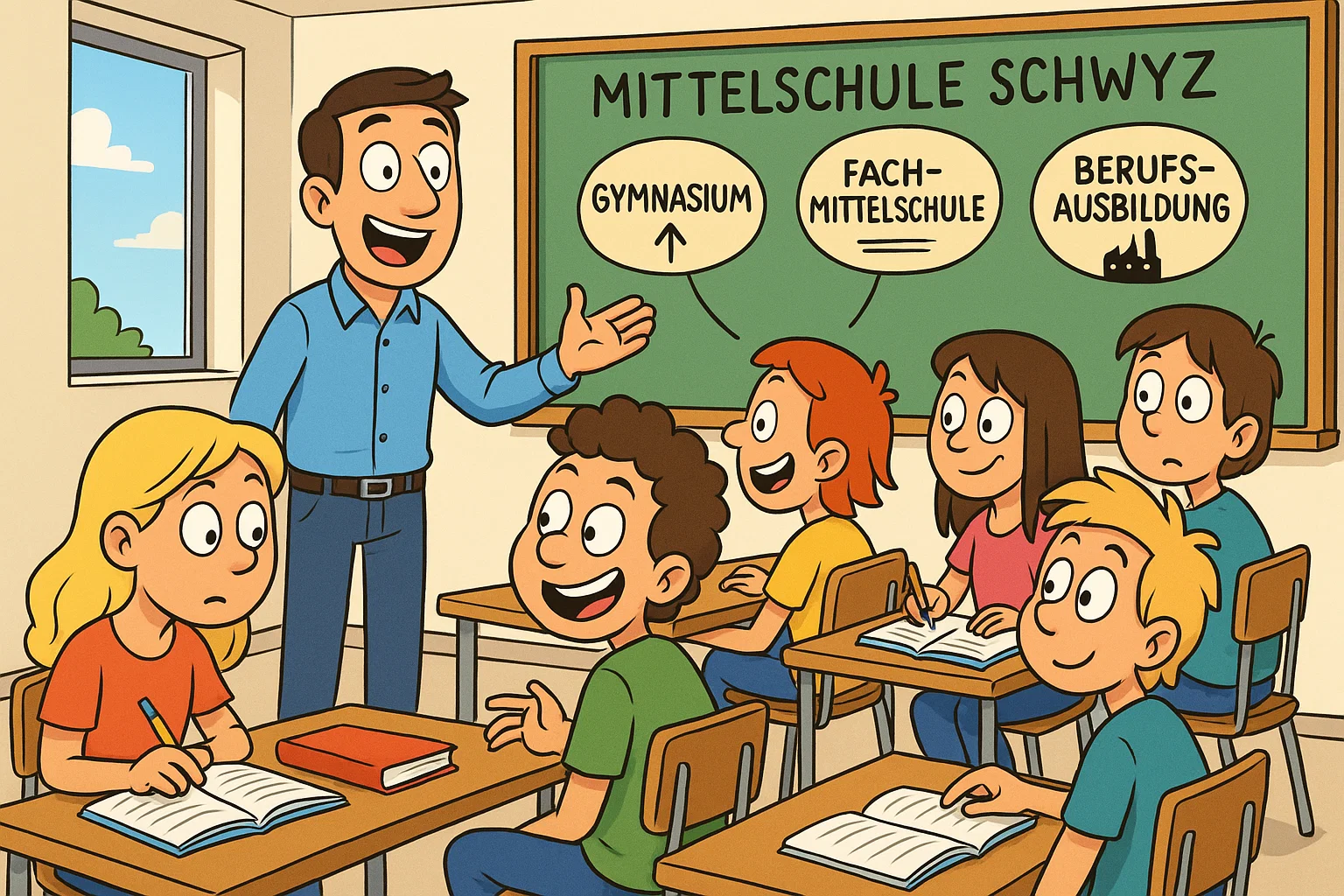 Secondary education in Schwyz with students and teacher in a classroom setting.