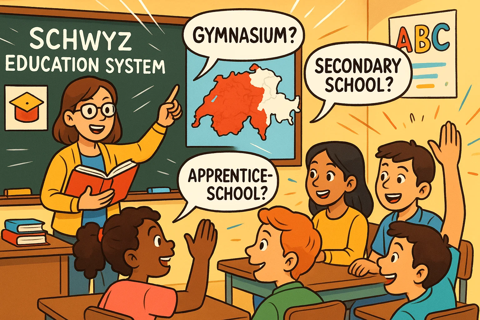 Switzerland cantons Schwyz curriculum overview with students and teacher in a classroom.