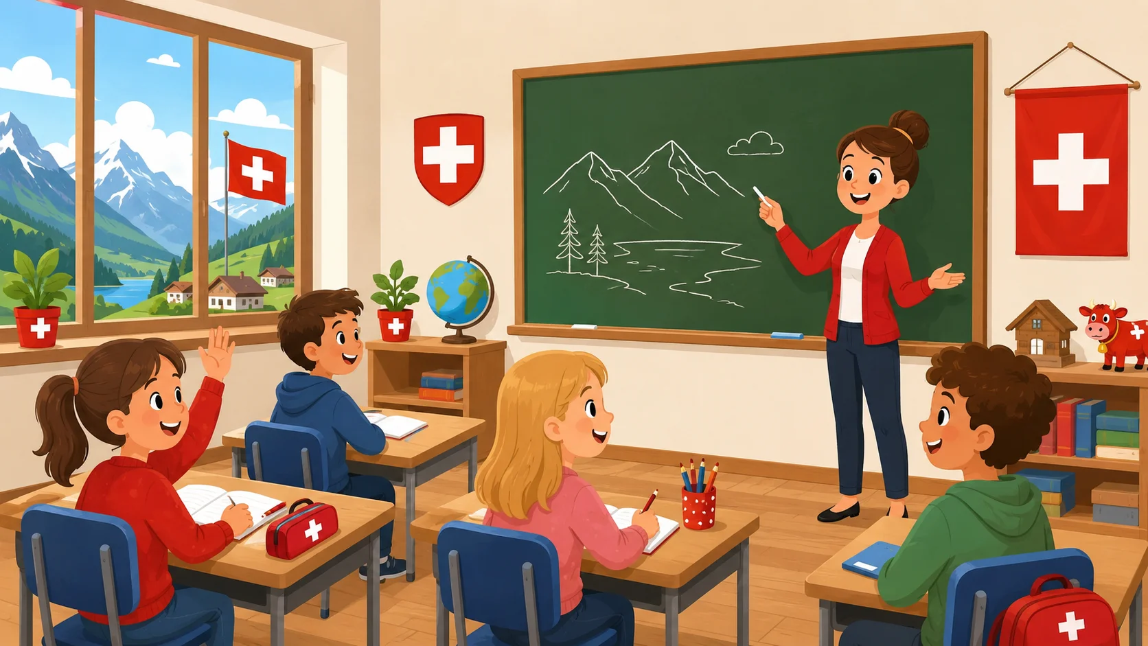 Switzerland school curriculum classroom with teacher and students.