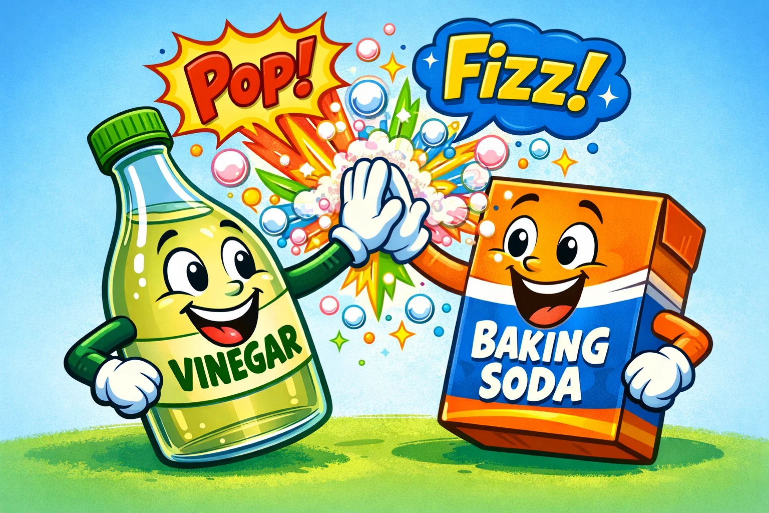 Cartoon of a vinegar bottle and baking soda box high-fiving with colorful fizz and comic-style text bubbles.