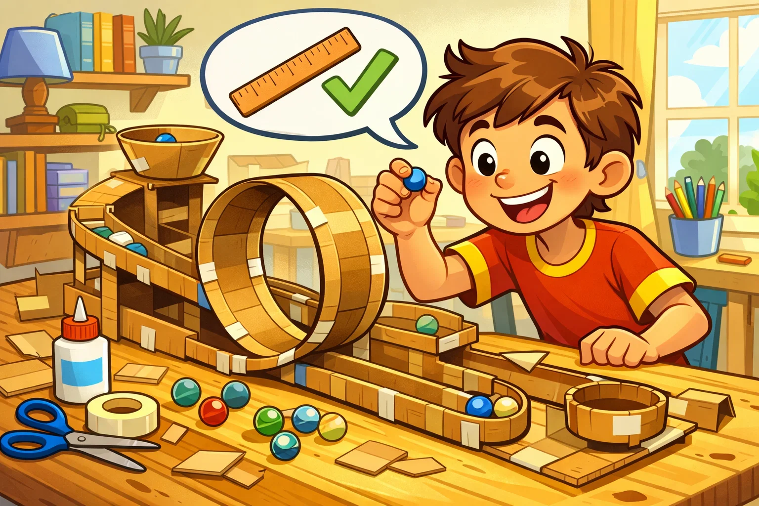 Cartoon of an older child building a cardboard marble roller coaster with a loop at a wooden table. Cartoon of an older child building a cardboard marble roller coaster with a loop at a wooden table.