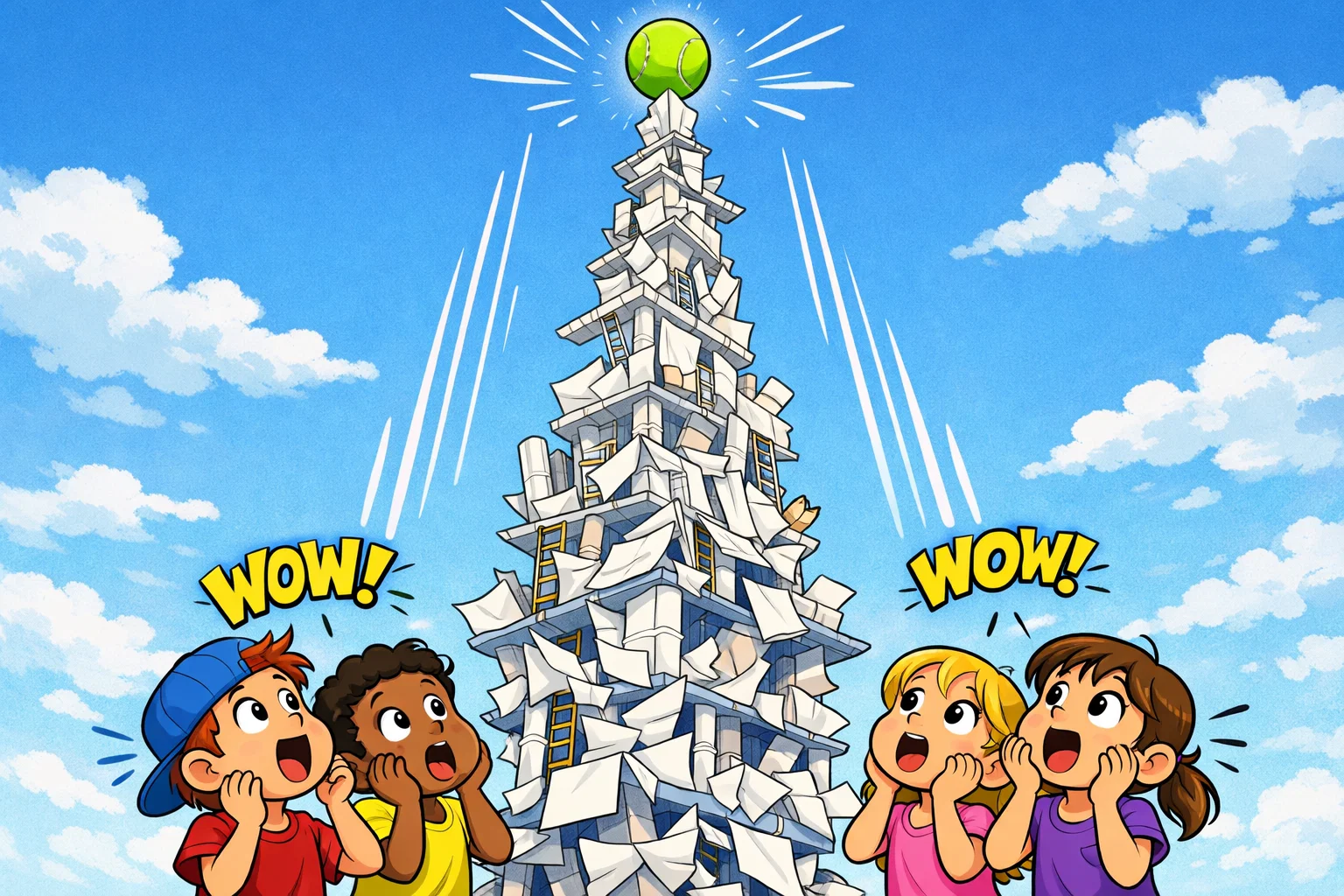 A playful cartoon of kids looking at a tall paper tower balancing a tennis ball on top. A playful cartoon of kids looking at a tall paper tower balancing a tennis ball on top.