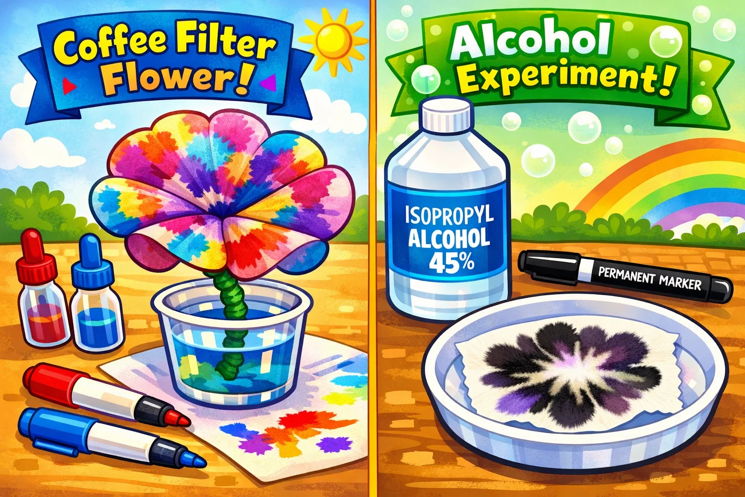 Playful cartoon of advanced chromatography variations including coffee filter flowers and alcohol solvents.