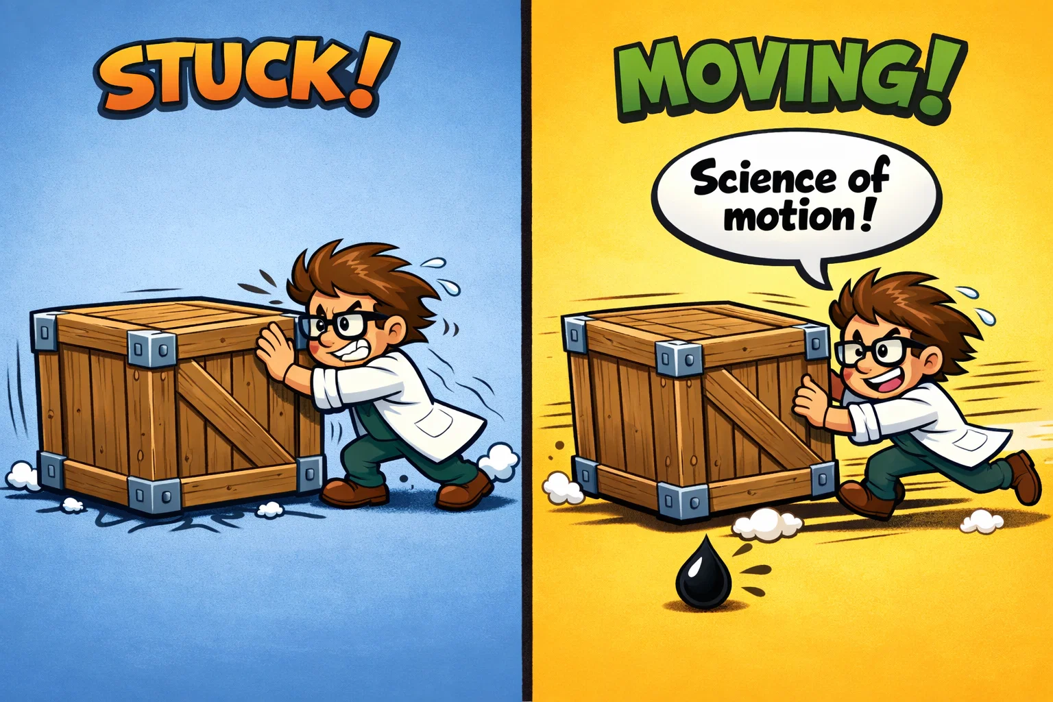 A cartoon of a character pushing a crate to demonstrate static and kinetic friction concepts.