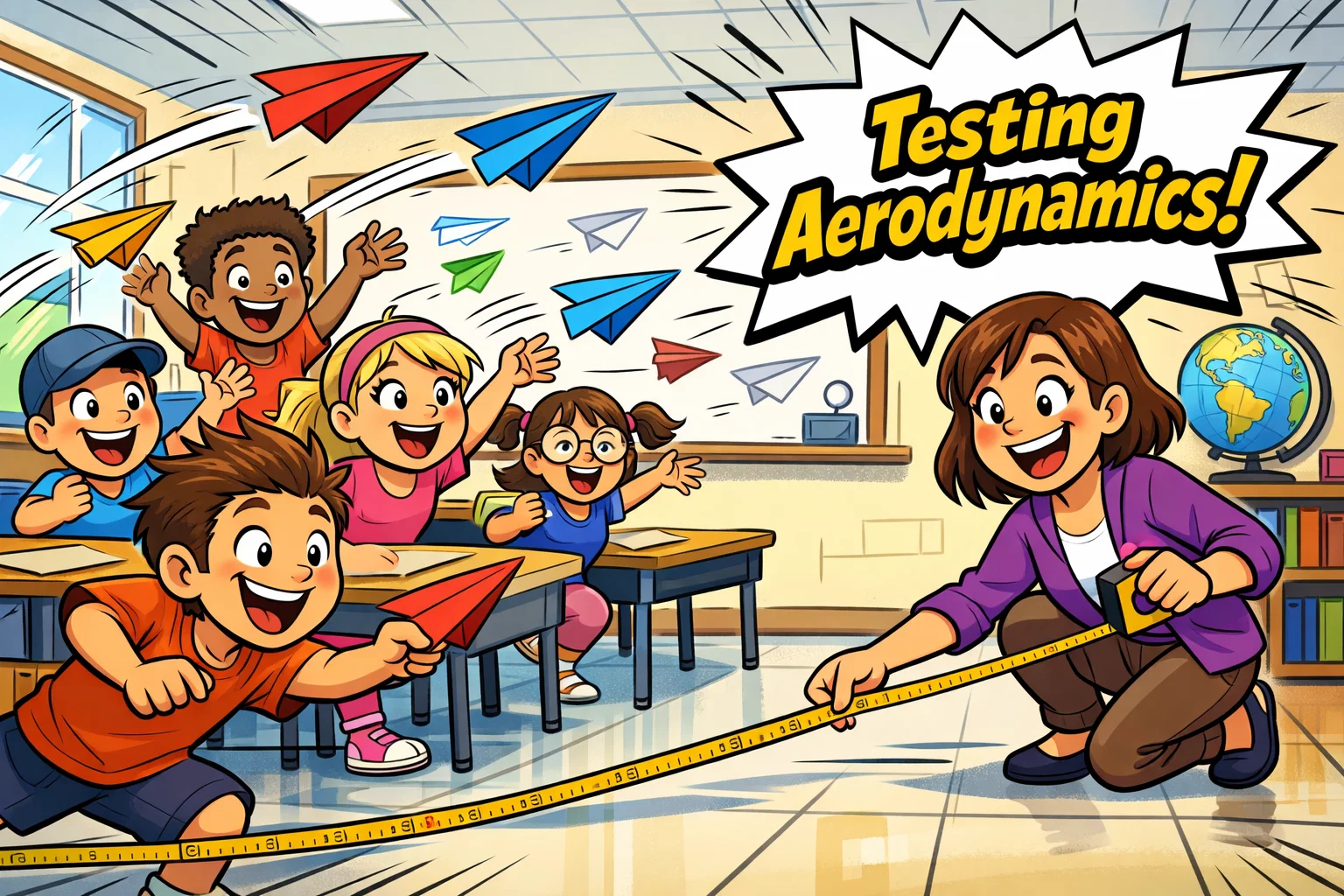 Cartoon students testing paper airplane aerodynamics in a classroom with a teacher measuring flight distance.