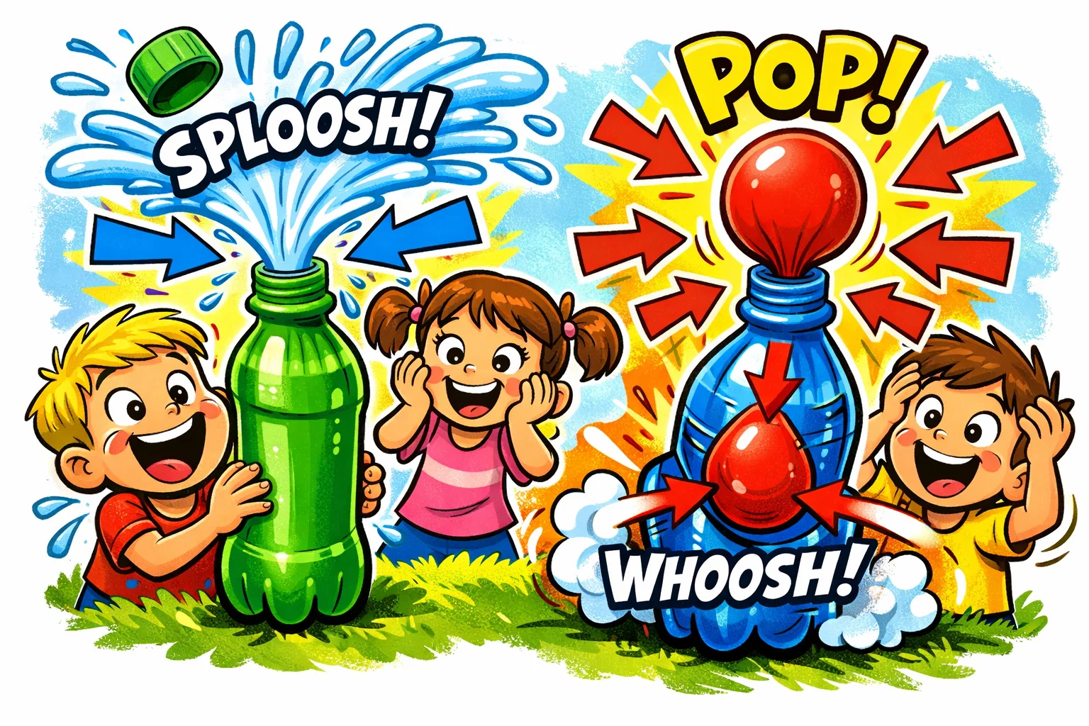 Air pressure experiments bottles balloons showing air movement.