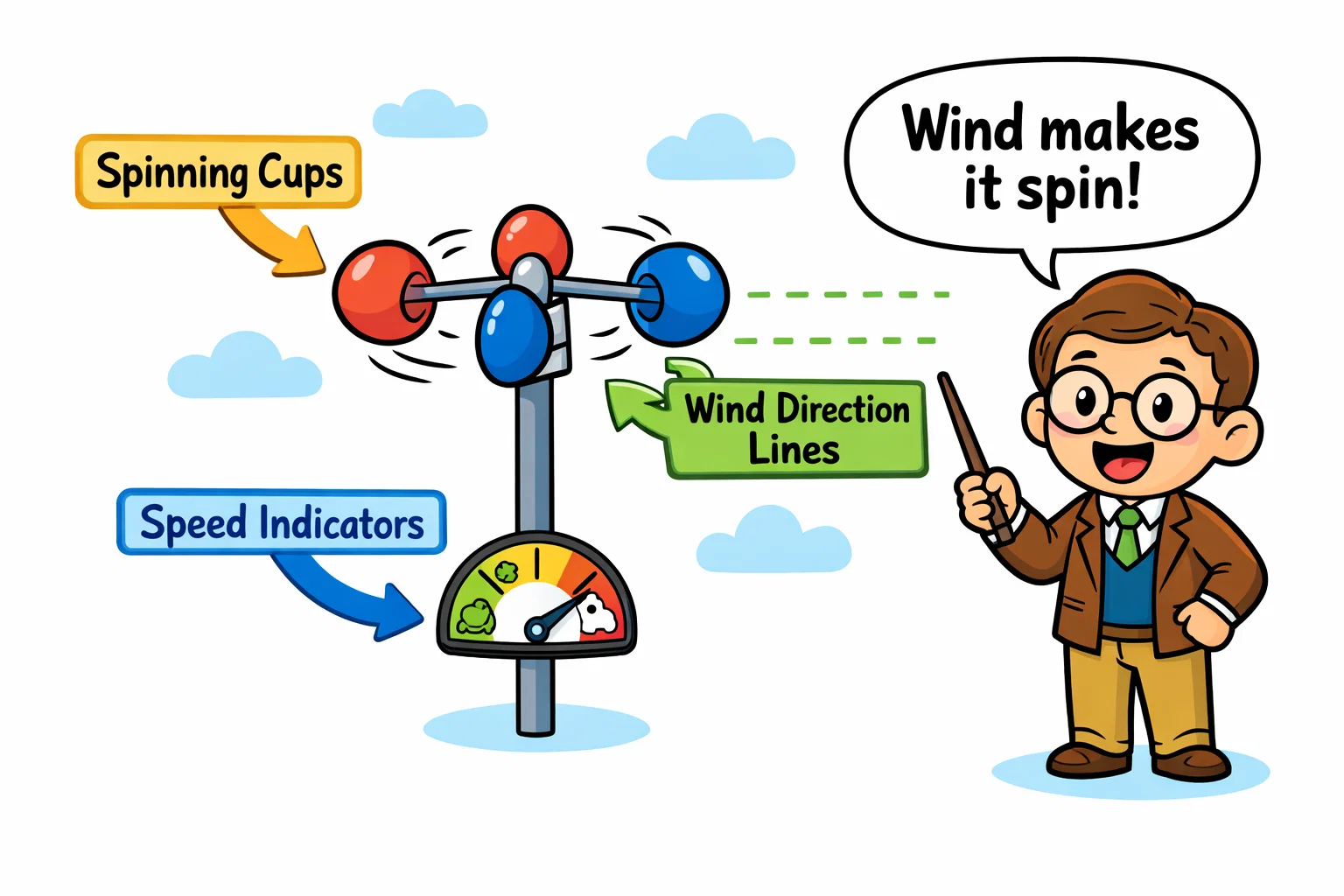 Anemometer basics for kids explained with spinning cups and wind.
