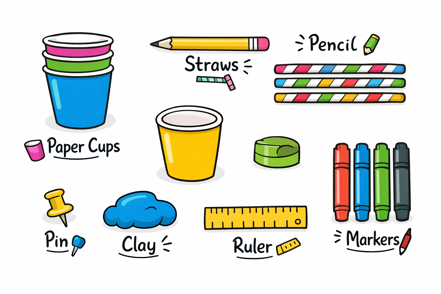 Anemometer materials list with cups straws pencil and clay.