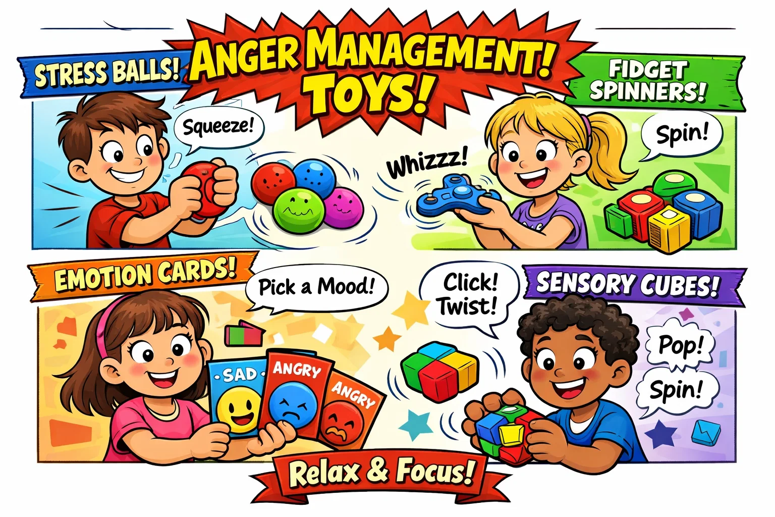 Anger management toys kids use to release tension and improve emotional control.