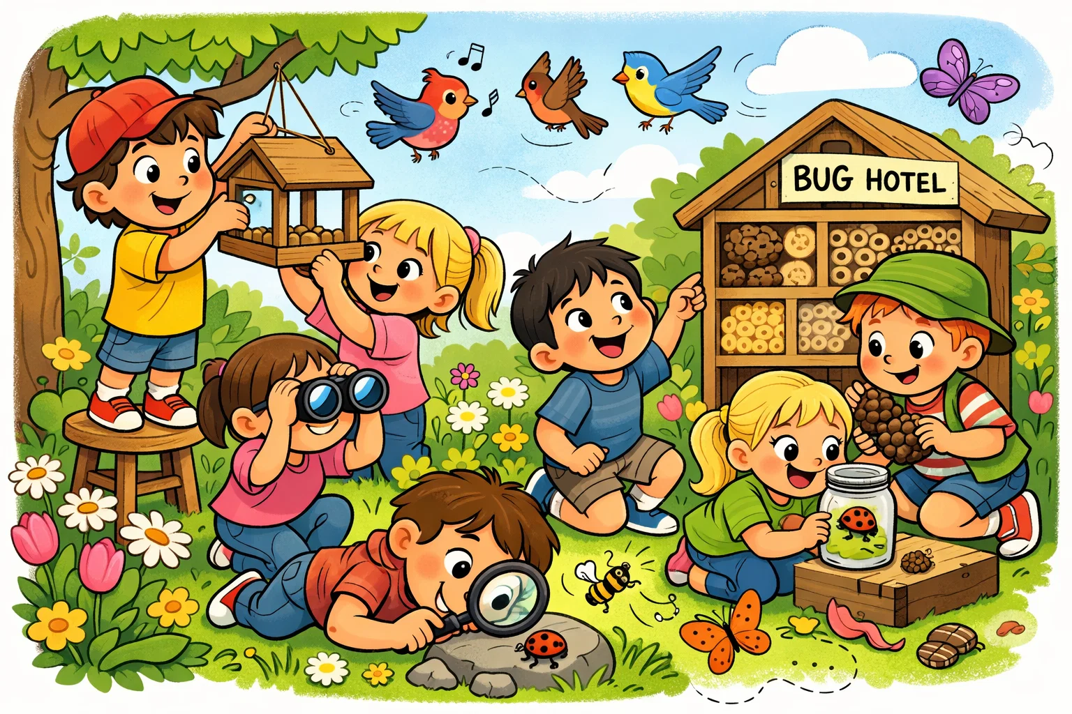 Spring scavenger hunts and games with kids searching nature items outdoors.